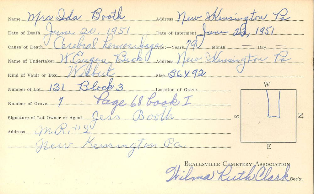 Ida Booth burial card